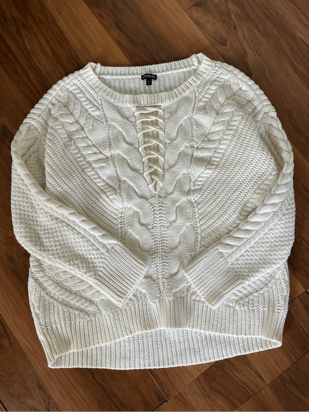Express Cable Knit Lace Up Front Sweater Off White Chunky Knit M Minimalist